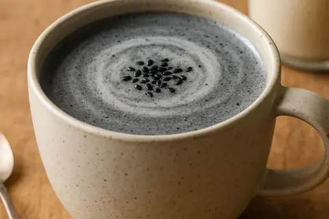 Une tasse de latte au sésame noir, garnie de graines de sésame, avec une cuillère à proximité.