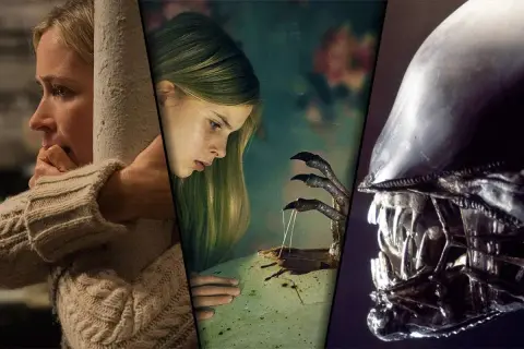 En kvinna gömmer sig, en flicka möter ett monster, och en ikonisk Xenomorph från monstret film.