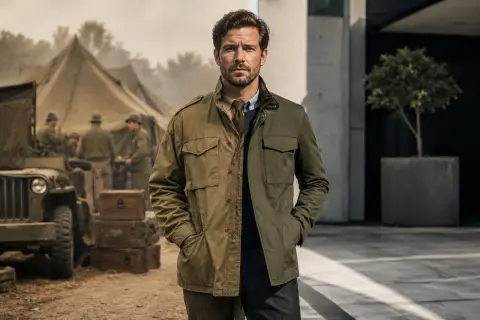Un uomo indossa una field jacket, un capo versatile che unisce stile militare e moderno. Sullo sfondo, un campo militare con tende e jeep.