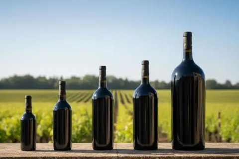 Cinq bouteilles de vin rouge de tailles variées, de la plus petite à une imposante bouteille de 9 litres, alignées devant un vignoble verdoyant.