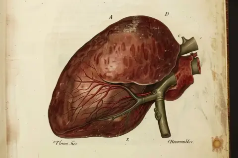 Ilustracja przedstawia ludzką wątrobę z naczyniami krwionośnymi. Wątroba, kluczowy organ, jest tu ukazana w szczegółach, niczym dzieło sztuki, a nie jak kawa.