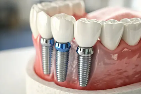 Tres implantes dentarios de titanio con coronas blancas, anclados en encías rosadas, listos para devolver una sonrisa.