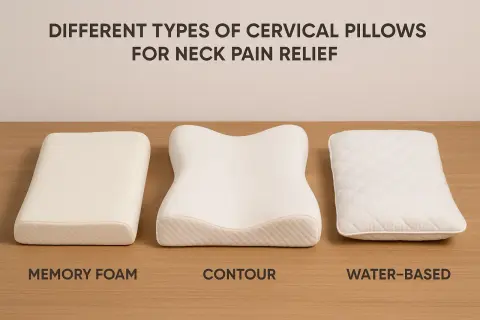 Three types of almohada para cervical for neck pain relief: memory foam, contour, and water-based.