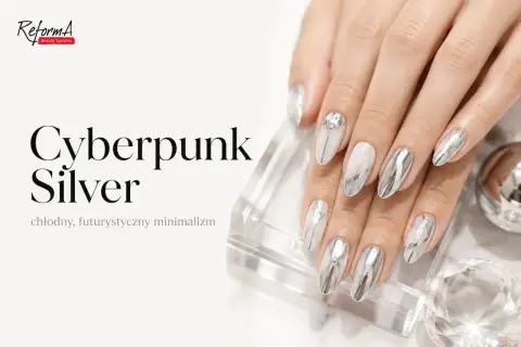 Dłonie z paznokciami w stylu "Cyberpunk Silver". Efekt lustra na paznokciach, chłodny, futurystyczny minimalizm.