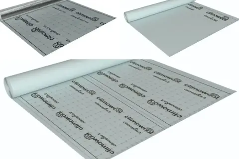 Rolki materiałów paroizolacyjnych z nadrukiem logo i oznaczeniami.
