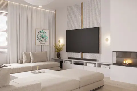 Nowoczesna ściana z TV, kominkiem i wygodną kanapą. Idealne miejsce na relaks.