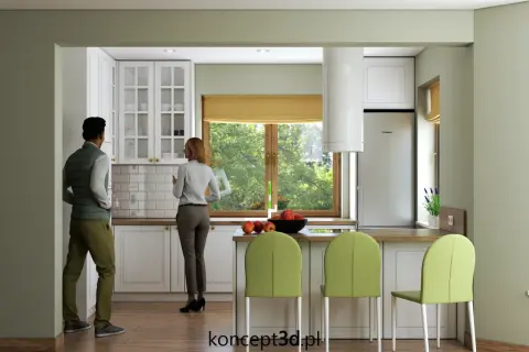 Para dyskutuje o okna w kuchni inspiracje. Jasna kuchnia z zielonymi akcentami i widokiem na ogród.