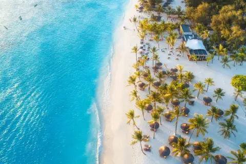 Rajska plaża z palmami i turkusową wodą. Idealne miejsce, by zastanowić się, kiedy lecieć na Zanzibar.