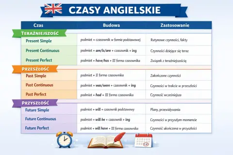 Tabela przedstawia, ile jest czasów w angielskim: teraźniejsze, przeszłe i przyszłe, z ich budową i zastosowaniem.