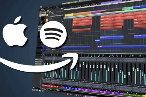 Apple, Spotify, Amazon Logos über einer Musikproduktionssoftware. Mastering Plugin für digitale Musik.