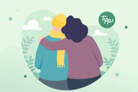 Eine Person tröstet eine andere, um Krebspatienten Mut zu machen. Ein grüner Kreis mit dem Wort "Tipp" ist sichtbar.