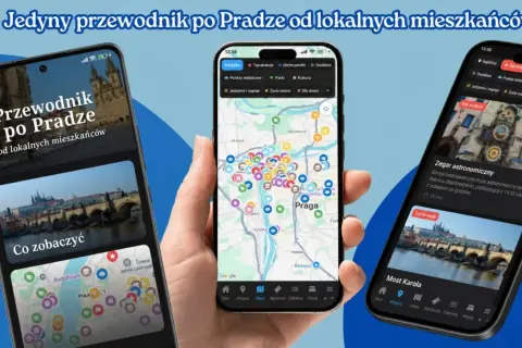 Aplikacja "Przewodnik po Pradze od lokalnych mieszkańców" pokazuje mapę z atrakcjami i zdjęcia. Cześć po czesku!