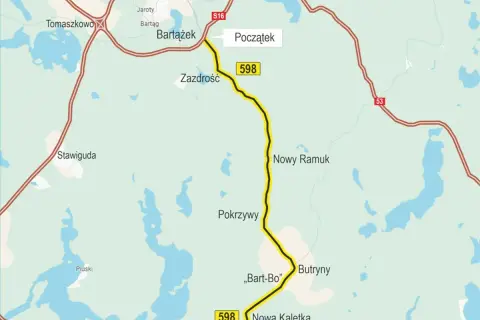 Mapa pokazuje trasę rowerową 598 z Bartążka przez Zazdrość, Pokrzywy do Nowej Kaletki. Idealna na wycieczkę rowerem po okolicach Olsztyna.
