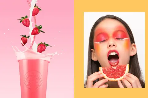 Photographie publicitaire : fraises tombant dans un verre rose, et une jeune fille au maquillage audacieux mangeant un pamplemousse.
