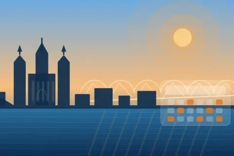 Silhouetten einer Stadt am Wasser, mit einem Kalender, der den Reformationstag als Feiertag in NRW markiert.