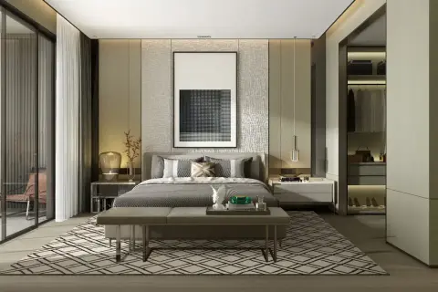 Nowoczesna sypialnia z otwartą garderobą i dużym oknem. Inspiracja, jak urządzić sypialnię w eleganckim stylu.