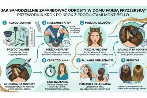 Ilustracja przedstawia 7 kroków farbowania odrostów w domu, od przygotowania po rezultat.
