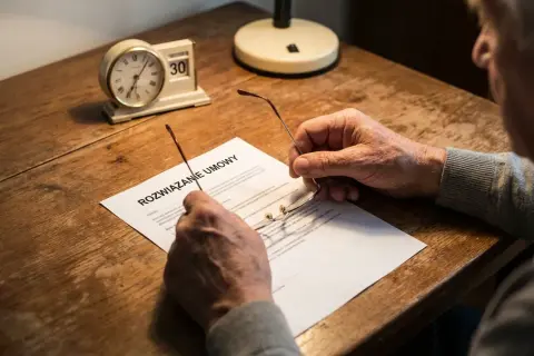 Starszy mężczyzna z okularami w dłoniach czyta dokument "Rozwiązanie umowy". Czy można zwolnić emeryta? Zegar pokazuje 30. dzień miesiąca.