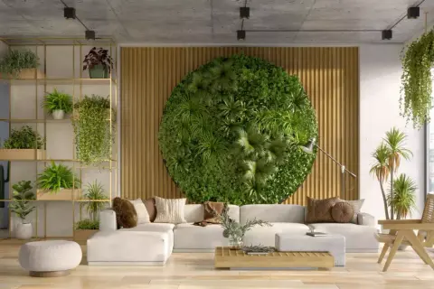 Un salon moderne avec un mur végétal circulaire, des étagères remplies de plantes et un canapé blanc. Ce design biophilique invite la nature à l'intérieur.