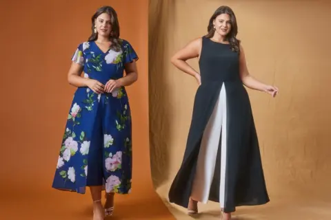 Dwie kobiety plus size w eleganckich kombinezonach: jeden w kwiaty, drugi czarny z białymi spodniami.