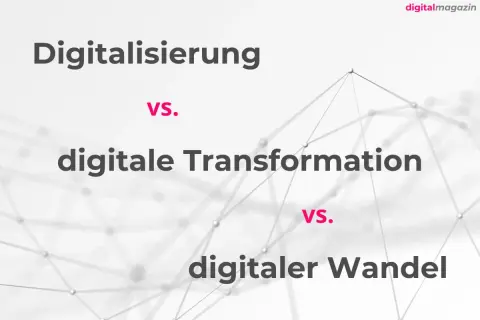 Digitalisierung vs. digitale Transformation und digitaler Wandel. Abstrakte Netzwerkgrafik im Hintergrund.