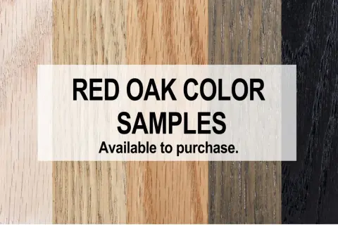 Muestras de color de roble rojo, incluyendo tonos naturales y teñidos. La madera roja natural es visible en varios tonos.