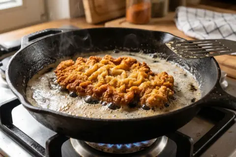 Ein goldbraunes Schnitzel braten in einer Gusspfanne auf dem Herd. Dampf steigt auf, während das Fleisch in heißem Fett zischt.