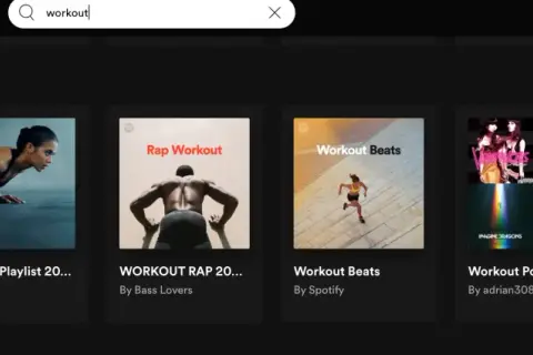 Spotify search results for "workout" show various workout playlist covers, including "Workout Playlist 20...", "WORKOUT RAP 20...", "Workout Beats", "Workout Pop Hits", and "Workout Rock Playlist".