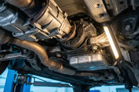 Mechanik bada podwozie auta, szukając przyczyn drgań automatycznej skrzyni biegów na D.