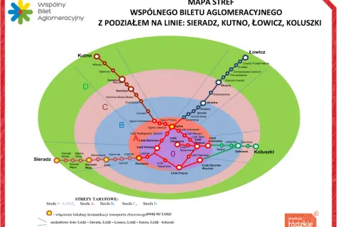 Mapa stref wspólnego biletu aglomeracyjnego z podziałem na linie: Sieradz, Kutno, Łowicz, Koluszki. Sprawdź, gdzie kupić mpk łódź bilety.
