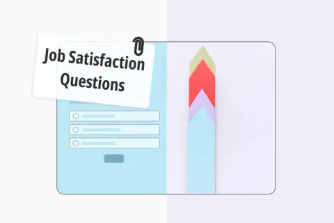 Diseño de cuestionarios de satisfacción laboral con opciones de respuesta y flechas de progreso de colores.