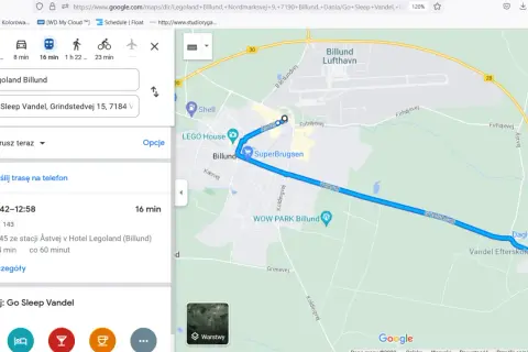Trasa z Legoland Billund do Go Sleep Vandel w Danii. Podróż autobusem 143 zajmie 16 minut.