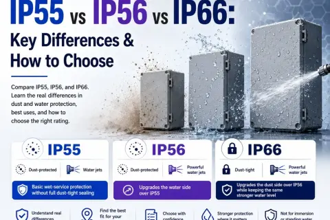 Comparaison des indices de protection IP55, IP56 et IP66. Le signification IP55 indique une protection contre la poussière et les jets d'eau.