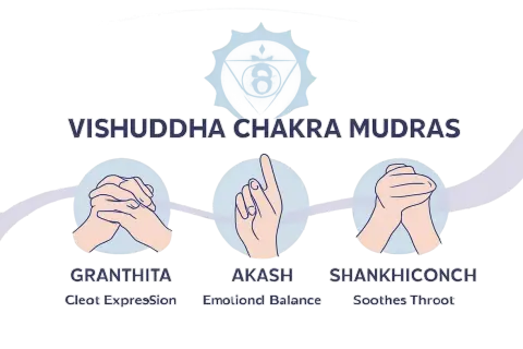 Vishuddha Chakra Mudras: Granthita (Cleot Expression), Akash (Emotional Balance), Shankhiconch (Soothes Throat). Hilft, die Chakren zu aktivieren.