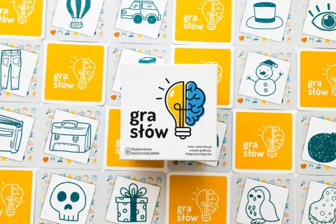 Karty z gry "Gra słów" z rysunkami: balon, samochód, spodnie, czapka, oko, bałwan, książka, teczka, czaszka, prezent, sowa. Zgadnij jakie to słowo!