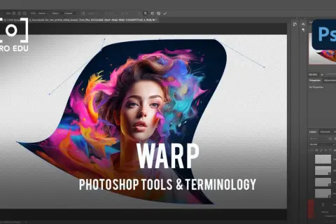 Comment déformer une image sur Photoshop : un portrait stylisé avec des éclaboussures de couleurs vives, entouré d'un contour déformé par l'outil Warp.
