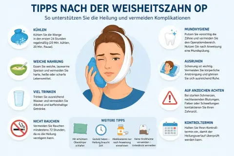 Tipps zur regenerationszeit nach op: Frau kühlt Wange, isst weich, trinkt viel, ruht sich aus. Wichtig: Mundhygiene, keine Anstrengung, auf Warnzeichen achten.