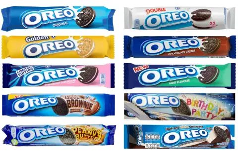 Różne smaki ciastek Oreo: Original, Golden, Strawberry Cheesecake, Choco's Brownie, Peanut Butter, Double Creme, Chocolate Creme, Mint, Birthday Party, Dark and White Chocolate.