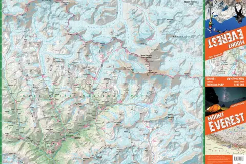 Mapa szlaków trekkingowych w Himalajach, pokazująca gdzie leży Mount Everest (Sagarmatha) i okoliczne szczyty, lodowce oraz wioski.