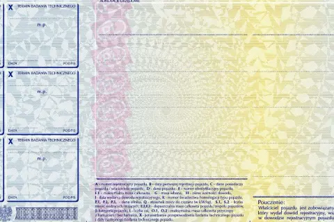 Fragment dowodu rejestracyjnego pojazdu z polami na wpisanie daty i podpisu, potwierdzający badanie techniczne.