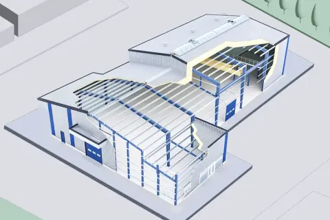 Przekrój nowoczesnego centrum danych z widoczną konstrukcją stalową i izolacją.