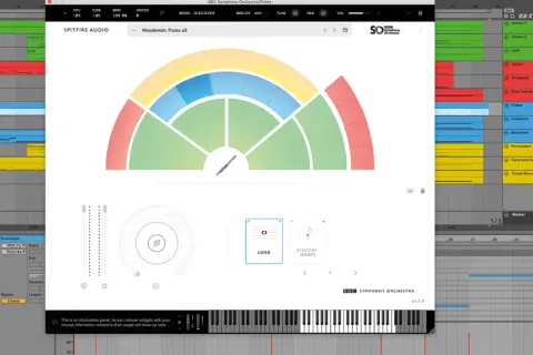 Spitfire Audio's BBC Symphony Orchestra VST plugin interface, showing woodwinds and a virtual keyboard.
