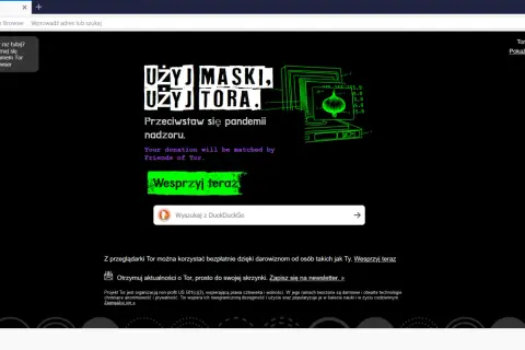 Strona główna przeglądarki Tor z hasłem "Użyj maski, użyj Tora." i grafiką symbolizującą cebulę.