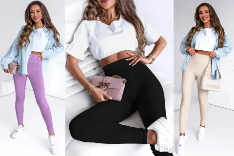 Trzy kobiety w legginsach: fioletowych, czarnych i beżowych. Dowiedz się, jak uszyć legginsy i stworzyć modne stylizacje.