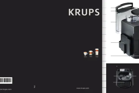 Ilustracja przedstawia ekspres do kawy Krups z zaznaczonymi elementami, pomocna przy korzystaniu z instrukcji obsługi.