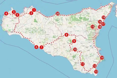 Mapa Sycylii z zaznaczoną trasą podróży. Zobacz, gdzie leży Sycylia i jakie miejsca warto odwiedzić, od Trapani po Katanię.