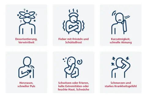Symptome wie Fieber, Schüttelfrost, Herzrasen und Schmerzen können auf eine Blutvergiftung nach einem Insektenstich hindeuten.