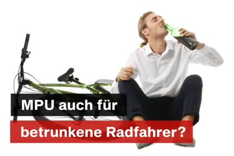 Mann trinkt Bier neben umgefallenem Fahrrad. MPU auch für betrunkene Radfahrer? Die Strafe droht!
