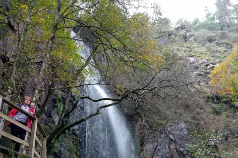 Mujer observa una impresionante cascada de agua caída en un entorno boscoso otoñal.