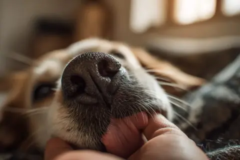 Nariz húmeda de perro en mano, explorando con lamidas y mordiscos suaves. ¿Por qué mi perro me lame y me muerde?